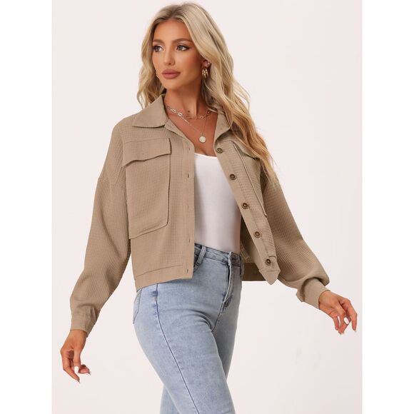 Waffle Shacket Jacket Drop Shoulder Pockets Collared Shirt Jackets Khaki - Picture 3 of 6